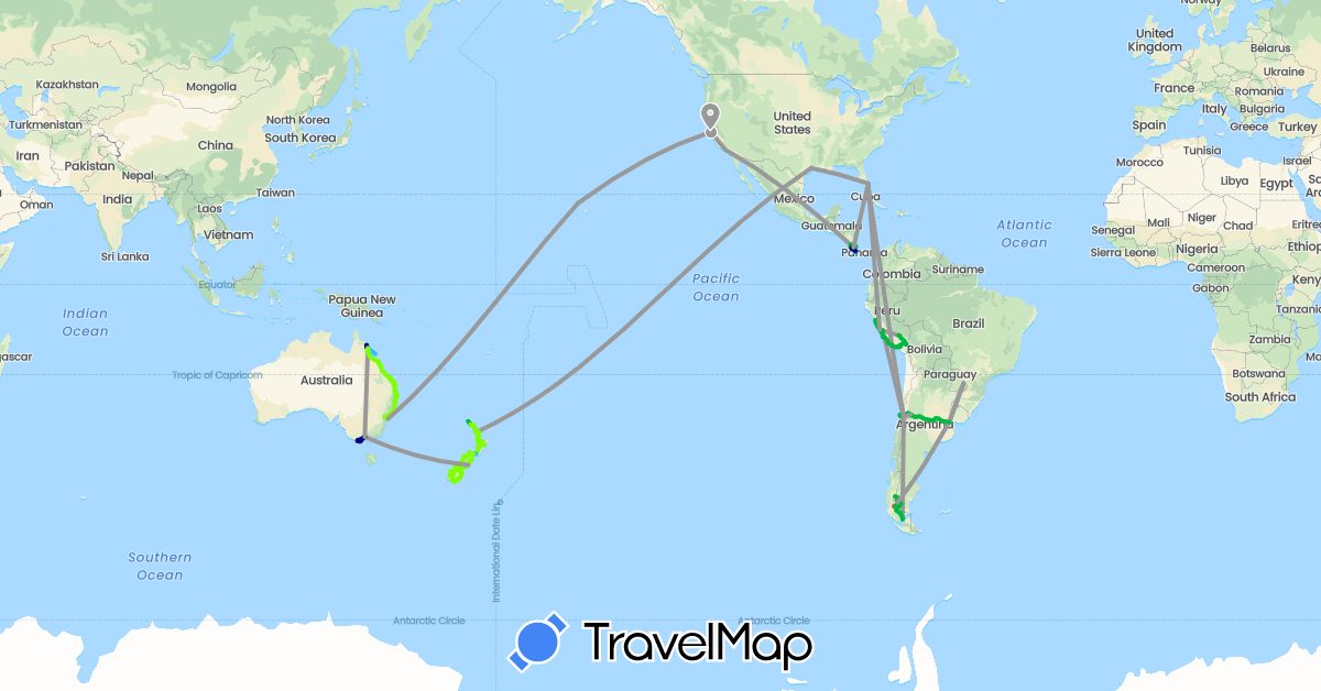 TravelMap itinerary: driving, bus, plane, hiking, boat, rafting, campervan in Argentina, Australia, Chile, Costa Rica, New Zealand, Peru, United States (North America, Oceania, South America)